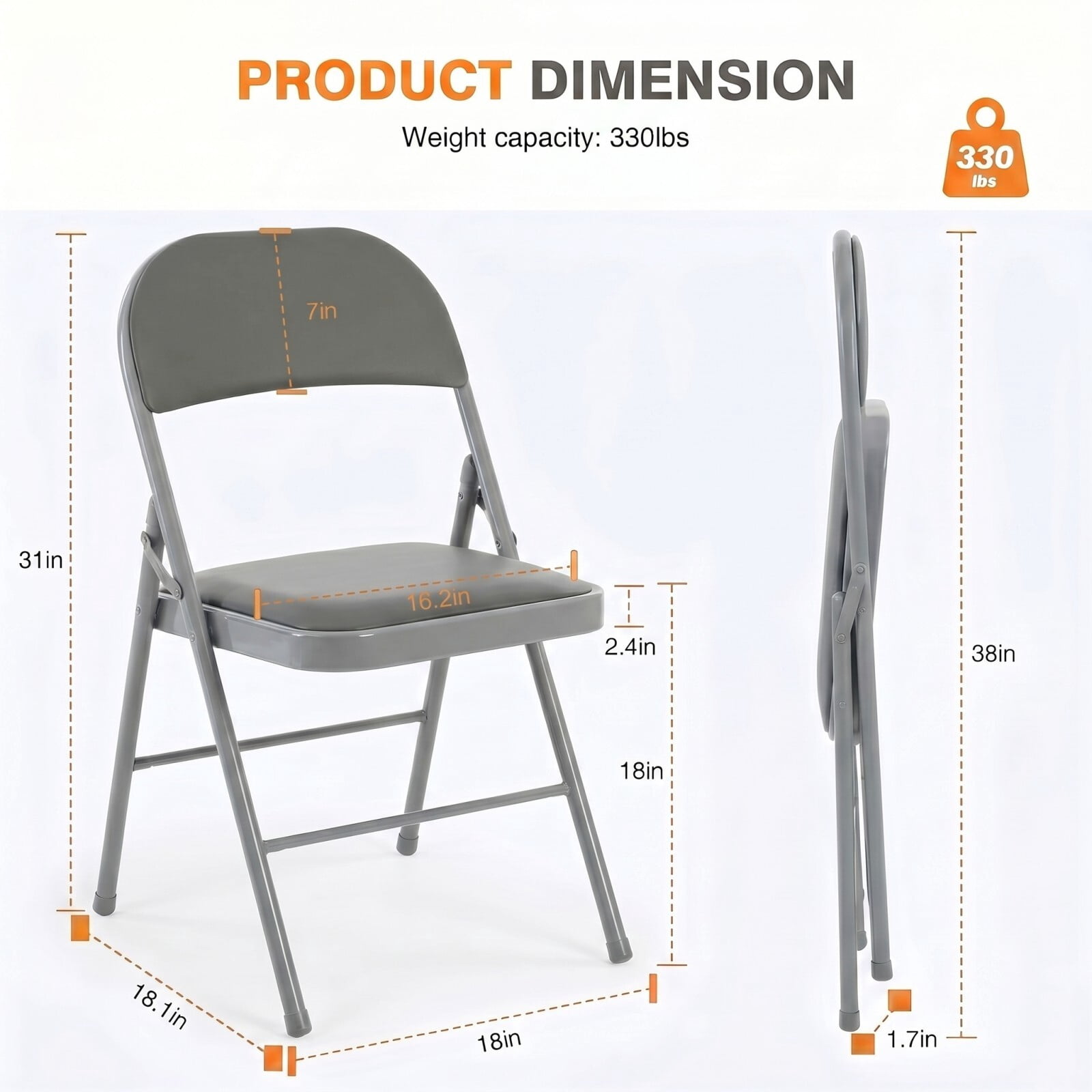 Kelno Folding Chair Set of 4 PU Leather Padded Guest Chairs with Lightweight Sturdy Metal Frame, Gray