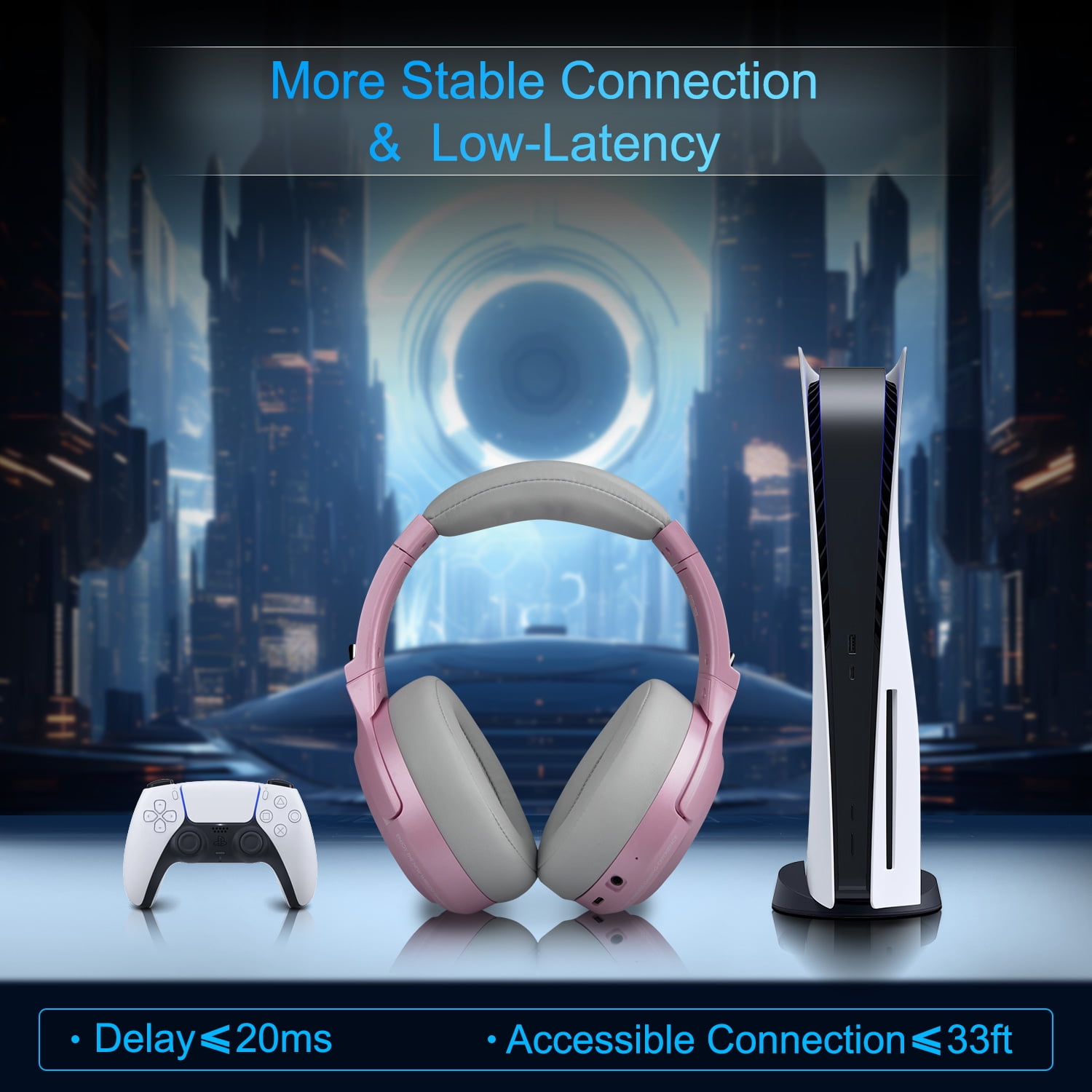 Wireless Gaming Headset,2.4G/Bluetooth Gaming Headphones w/Detachable Noise Cancelling Mic,Stereo Surround RGB Noise Cancelling Over Ear Headphones,3.5mm Wired for PS4 PS5 Xbox PC,Pink,FCC Approved