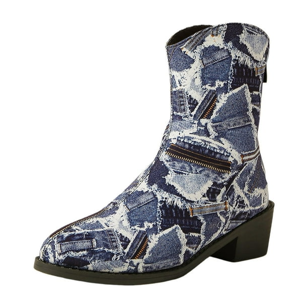 NECHOLOGY Botas Mujer Adulto Femenino Zapatos Botines de mujer Casual Vintage Vaquero Estampado Empalme Tacón Grueso Media Punta Puntiaguda Botas Occidentales De Tamaño Botas Al Tobillo (Blue, 7.5)