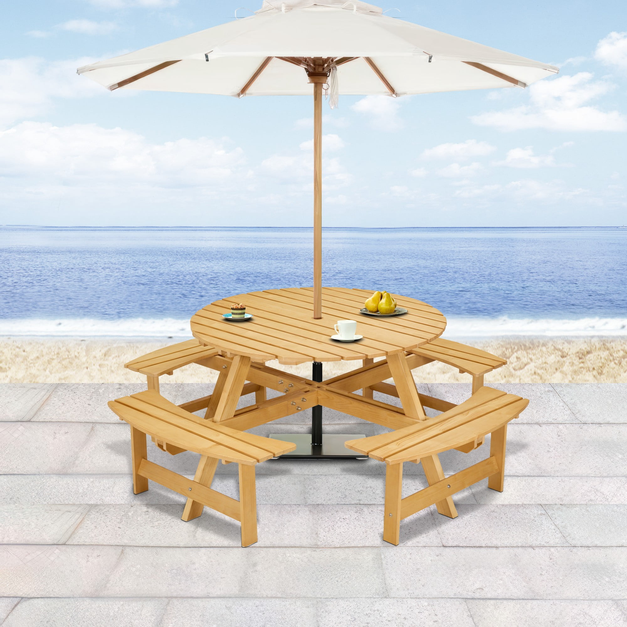Leumius Outdoor Picnic Table Bench Set for 8 Persons,Round Picnic Table with 4 Built-in Benches & Umbrella Hole, Outside Table and Bench Set for Garden,Backyard,Porch,Patio,Natural