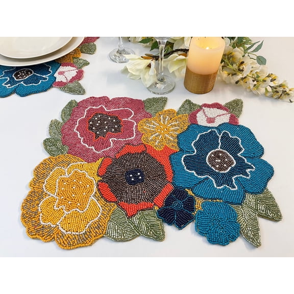 Set of 6, Handmade beaded placemat, tablemat, 12x15 inch, floral charger