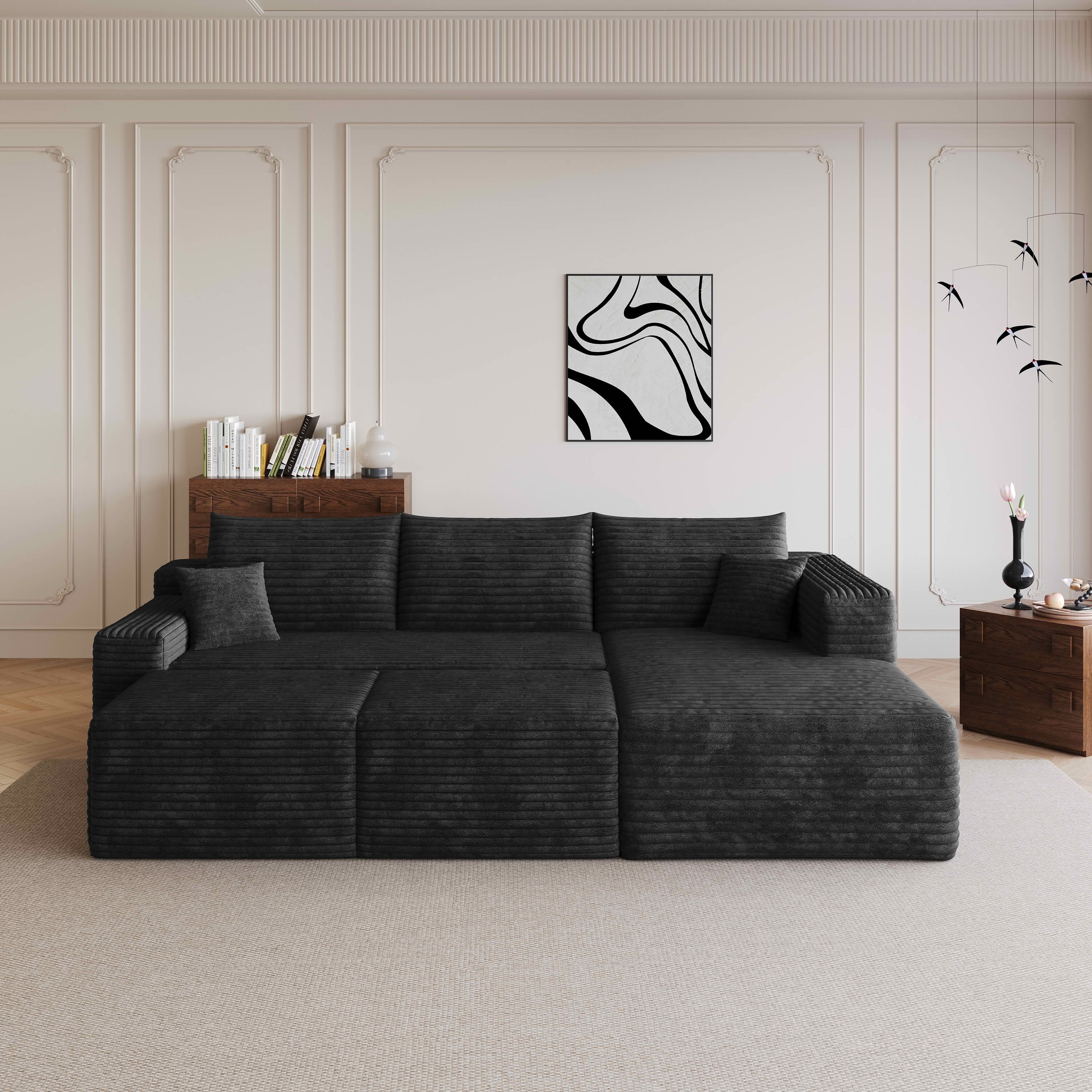 MAYEERTY 95" Cloud Sectional Sofa with 2 Ottomans, U-Shaped Corduroy Deep Seat Couch, No Assembly for Living Room, Black