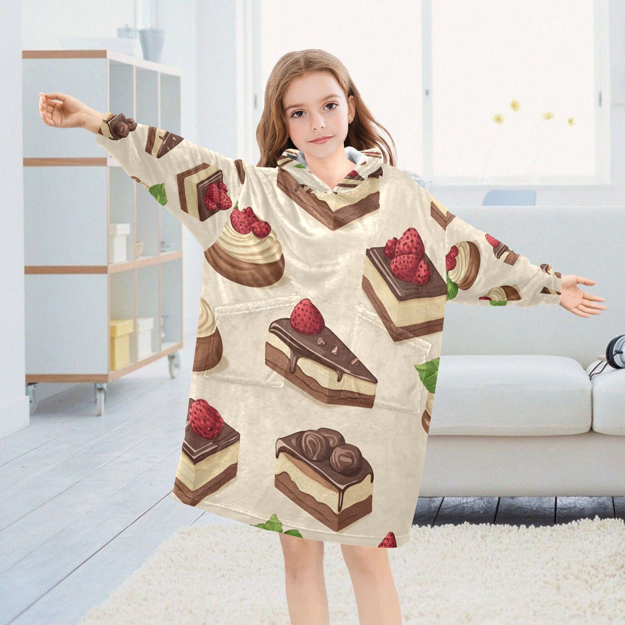FORMRS Wearable Blanket Hoodie with Sleeves for Kids Cozy Flannel Sweatshirt, Strawberry Cake