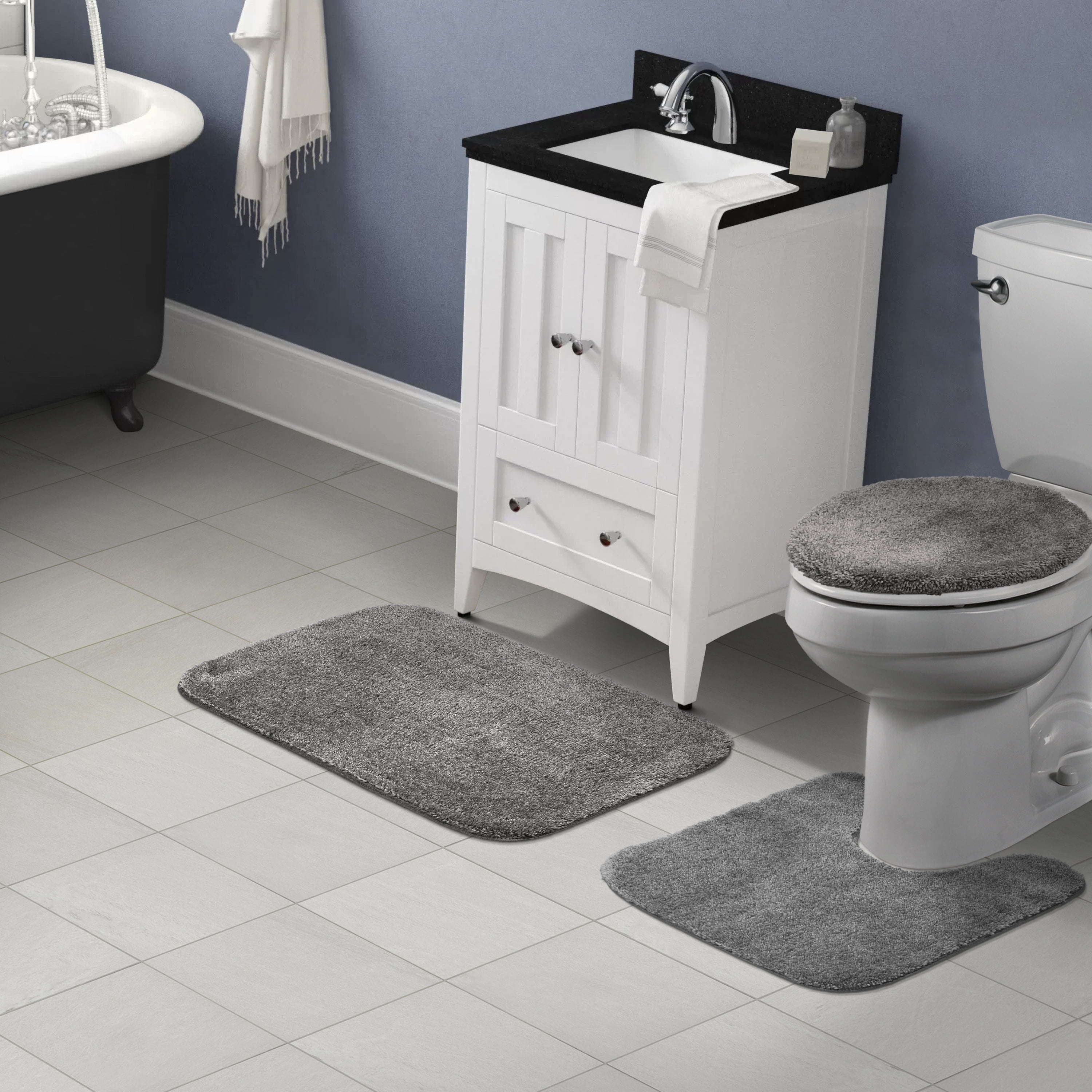 Garland Rug Traditional Washable Bath Rug Set, 3 Piece Set (21"x34" Bath Rug, Contour Rug, & Toilet Lid) Medium Gray