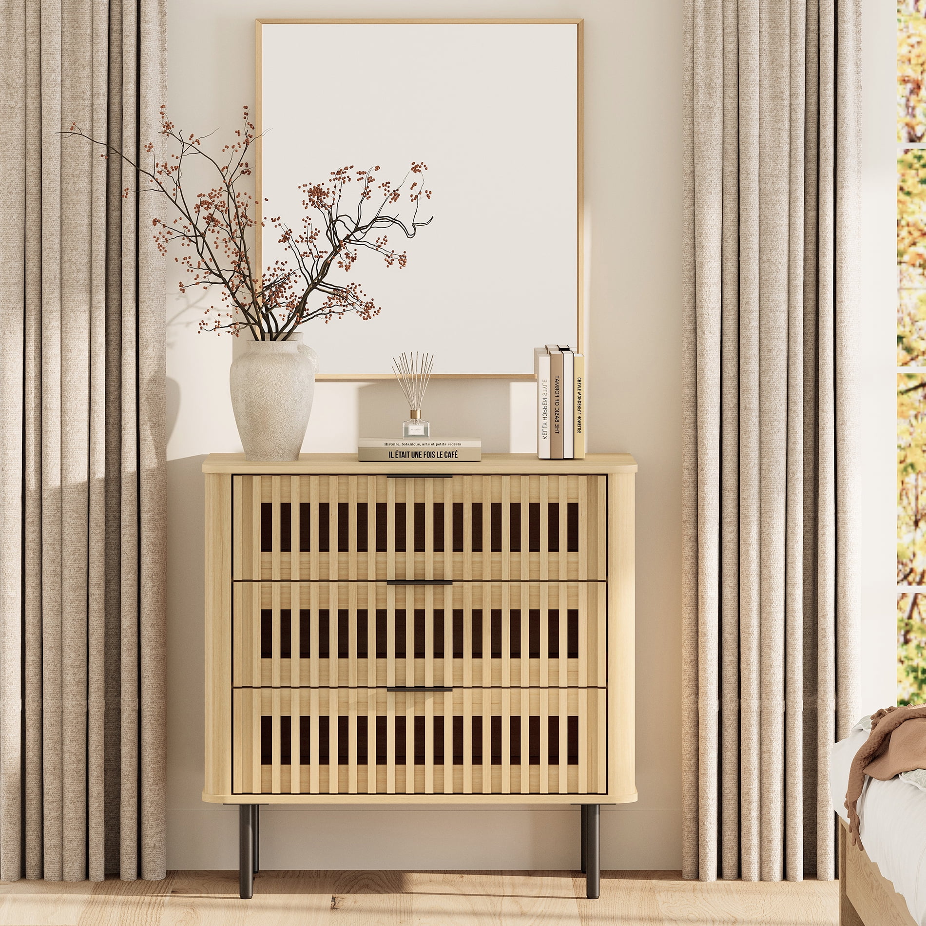 31.5" W Modern TV Stand with 3 Slatted Storage Drawers, Mid-Century Modern Media Console for Living Room/Bedroom, Walnut