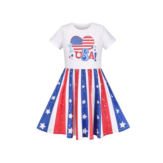 Girls Dress Independence Day Heart Stripe Letter Round Neck 5 Years