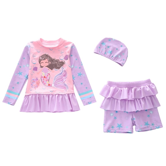 BOOMNY Toddler Girls 2 Peice Swimsuits Long Sleeve Bathing Suit With Hat Cartoon Graphic Lightweight Summer Vacation Beach Swimwear