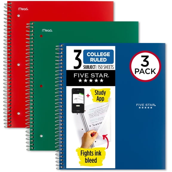 Five Star Spiral Notebook Plus Study App 3 Subject College Ruled 8 12 x 11 3