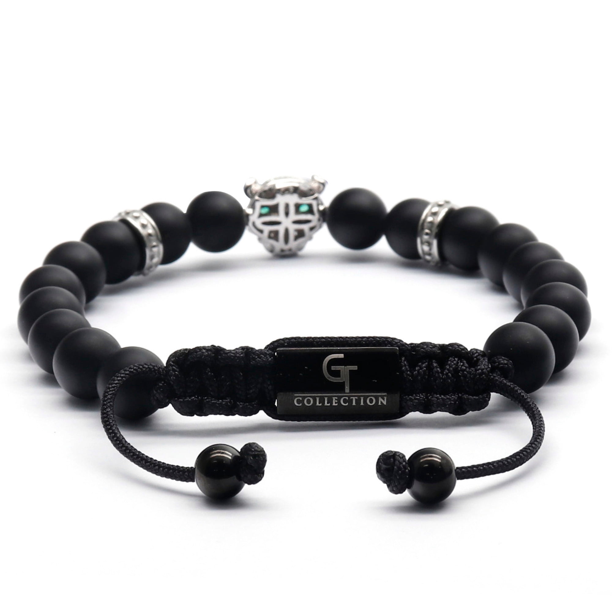 Men's BLACK ONYX Bracelet with Silver LEOPARD Head | Gift for Men | One Size Fits All | 100% Natural | Gemstone Adjustable Bracelet