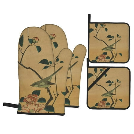 

Vintage Watercolor Flowers Oven Mitts And Pot Holders Sets Baking Sets For Kitchen Bbq Gloves Heat Resistant Cooking Japanese Floral Art Painting 4 Pcs