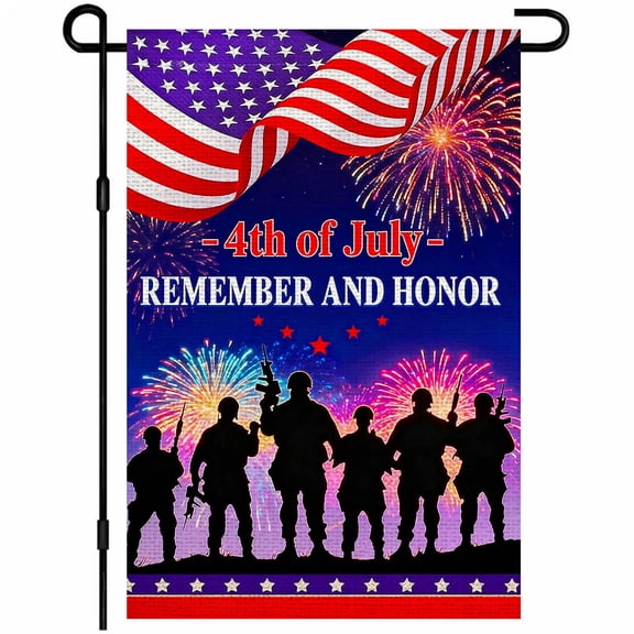 Patriotic Outdoor Yard Flag 12x18 Burlap Double Sided Remember And Honor Soldier Silhouettes Stars Stripes Fireworks for 4th of July Independence Day Decor