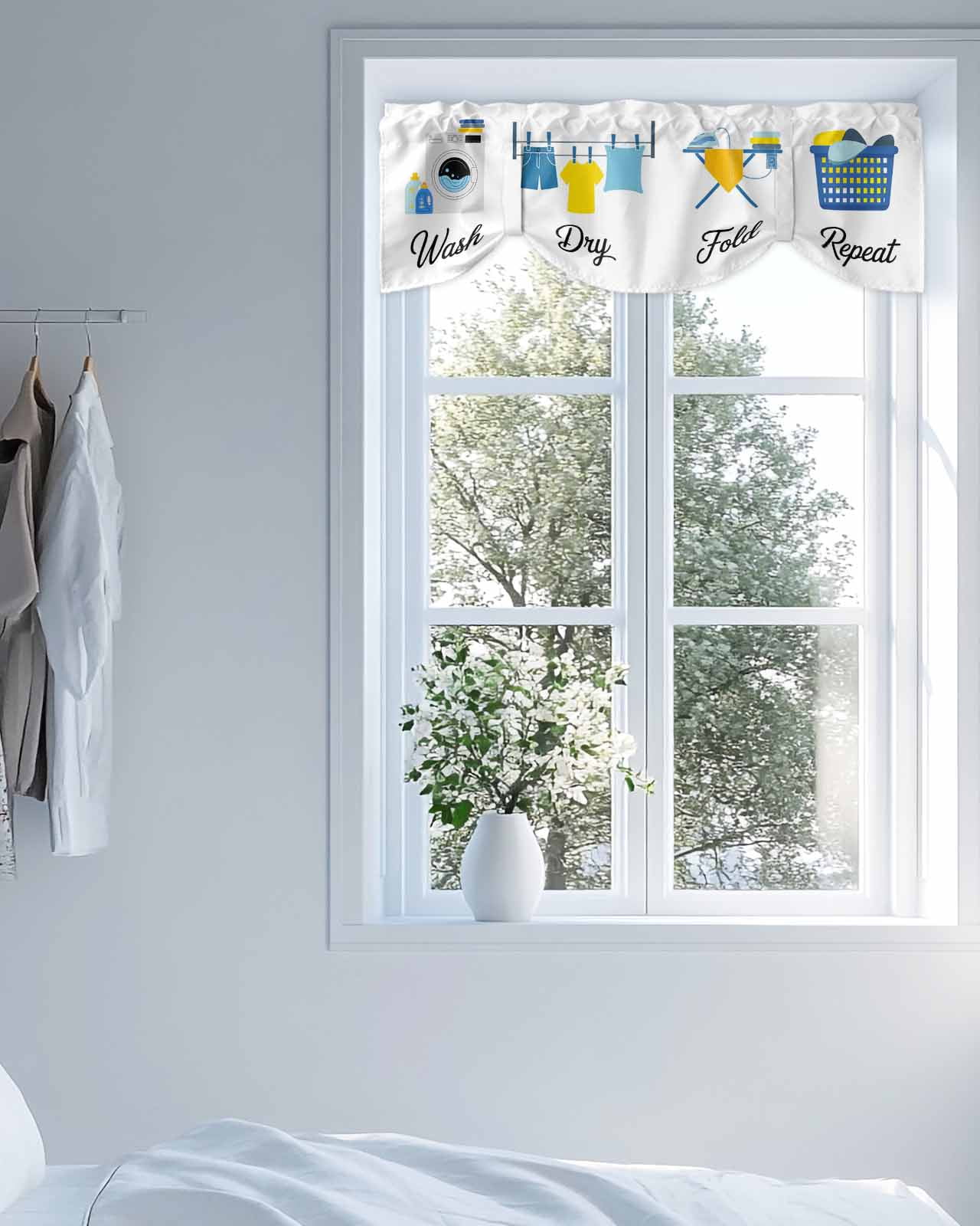 Laundry Room Tie Up Valances Curtain, Adjustable Kitchen Wash Dry Fold Repeat Valances for Windows Decor, Rod Pocket Short Curtains Set for Bedroom/Bathroom, 60"x18"