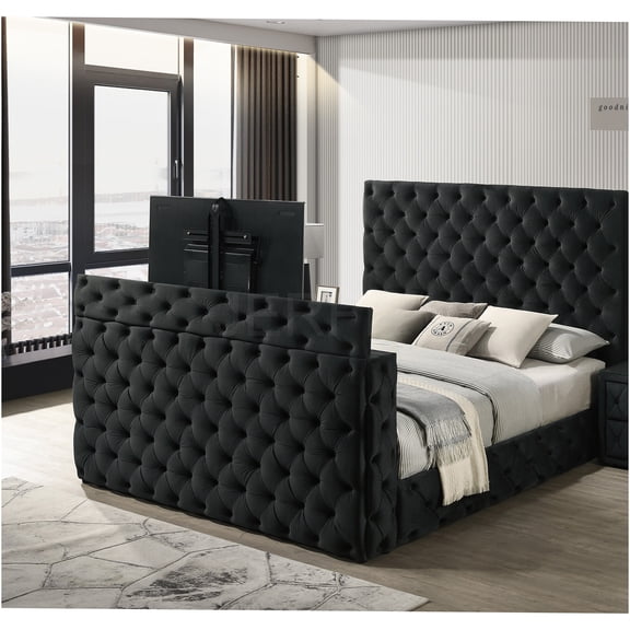 JERFIT King Size Upholstered Bed with TV Lift, Black Velvet Storage Platform Bed, Modern Bedroom Furniture with Tufted Headboard