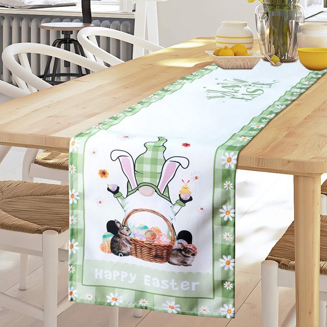 Easter Bunny Gnomes Table Runner Spring Easter Rectangle Tablecloth Decoration Seasonal Holiday Kitchen Linen Fabric Table Runner for Home Party Decor, 13 x 70 Inch (Classic Green Style)