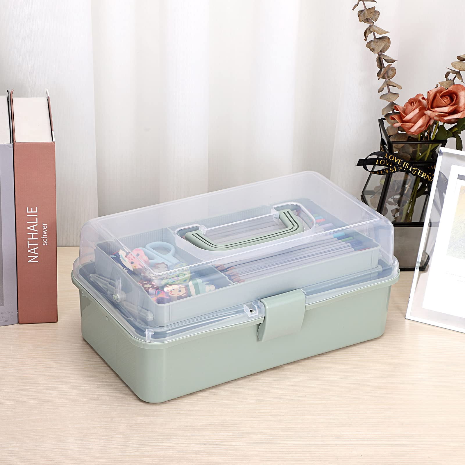 3-layer Plastic Dividing Storage Box Craft Organizer And With Adjustable Spacers Portable Handled Art Supply Multipurpose Home Utility For Sewing(haze Green)