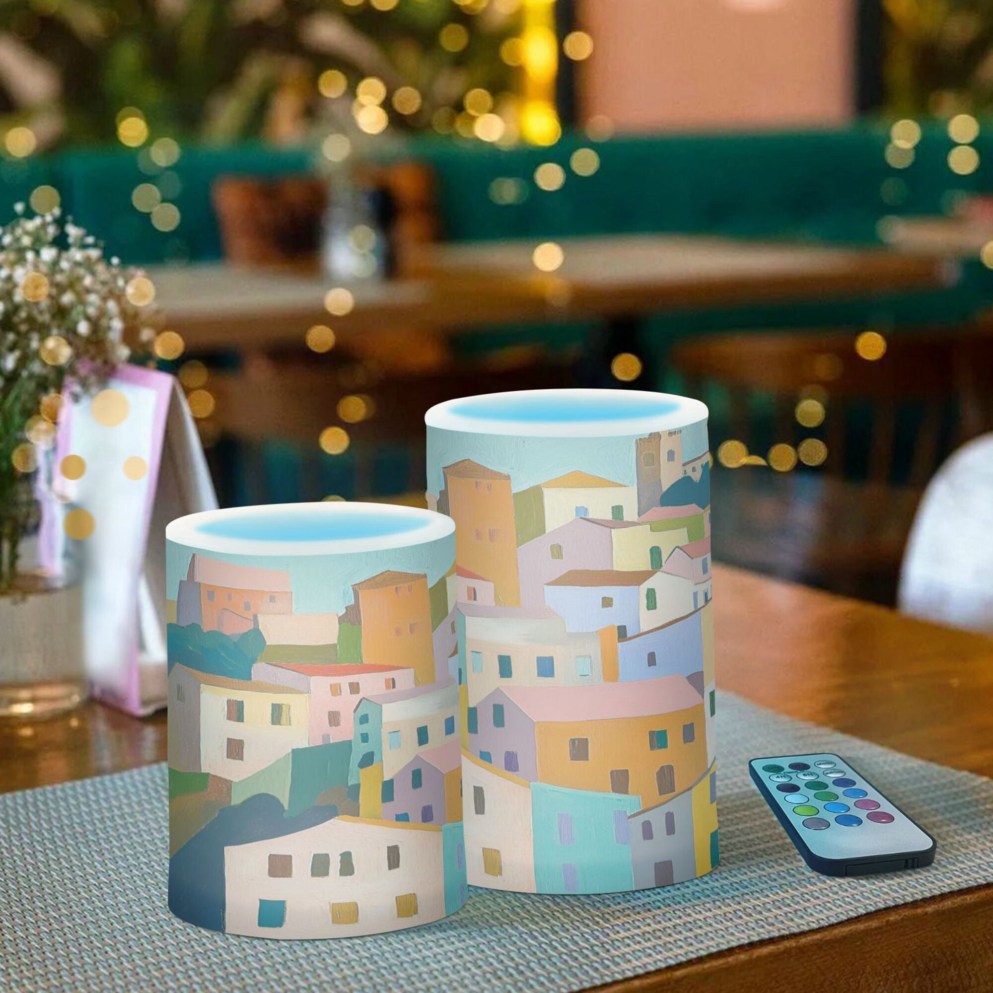 Yayeee Flameless Candles with Remote Flickering Battery Operated Multi Color Changing, Orange Cityscape Painting
