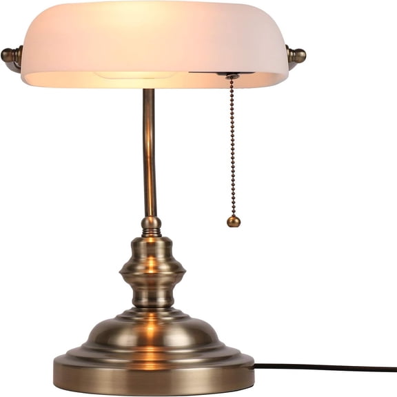 Matted Glass Bankers Desk Lamp with Pull Chain Switch Plug in Fixture