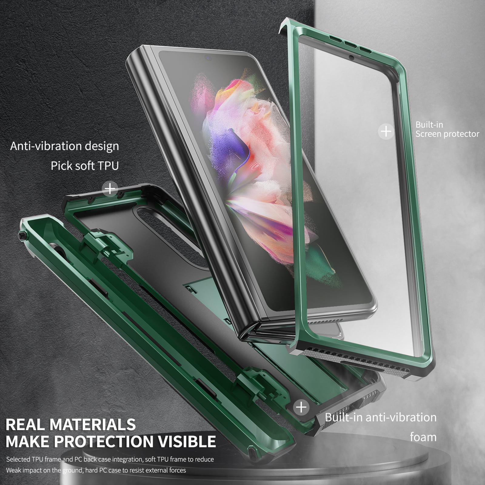 TECH CIRC Case for Samsung Galaxy Z Fold 3 Compatible with MagSafe, Heavy Duty Rugged PC Shockproof Hinge Protection Cover with Hidden Bracket Screen Protector S Pen Holder Case,Armygreen