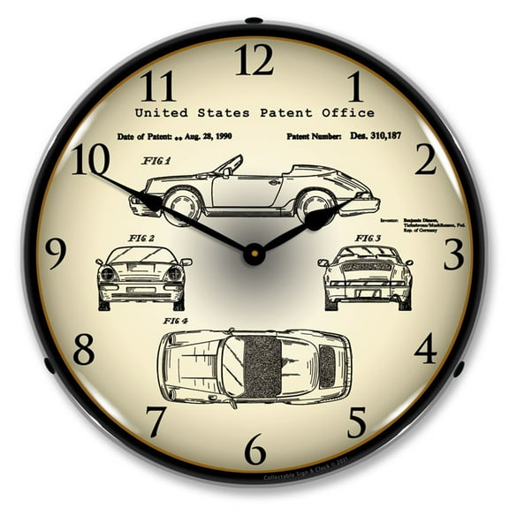 Collectable Sign and Clock Porsche 911 1990 Patent LED Lighted Premium Wall Clock