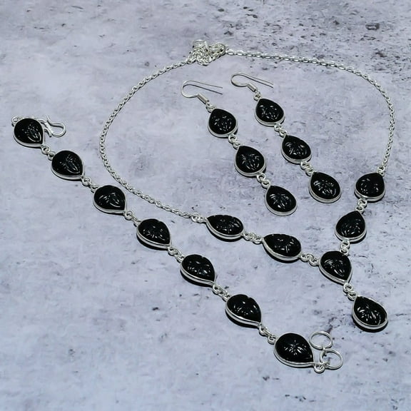 Natural Black Onyx Gemstone Handmade 925 Sterling Silver Gift Jewelry Set