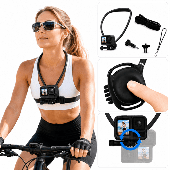 Action Camera Neck Mount with 1.5 m Extended Chest Strap, Anti-shake Hands-Free POV Mount for GoPro Hero 13/12/11/10/9, Insta360 X5/X4/Ace Pro 2, DJI Osmo Action 6/5 Pro/4/3, Neck Camera Holder