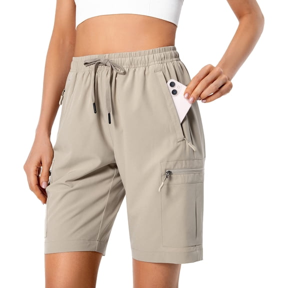 Shorts para mujer Hugut ligeros de secado rápido con bolsillos cargo color caqui