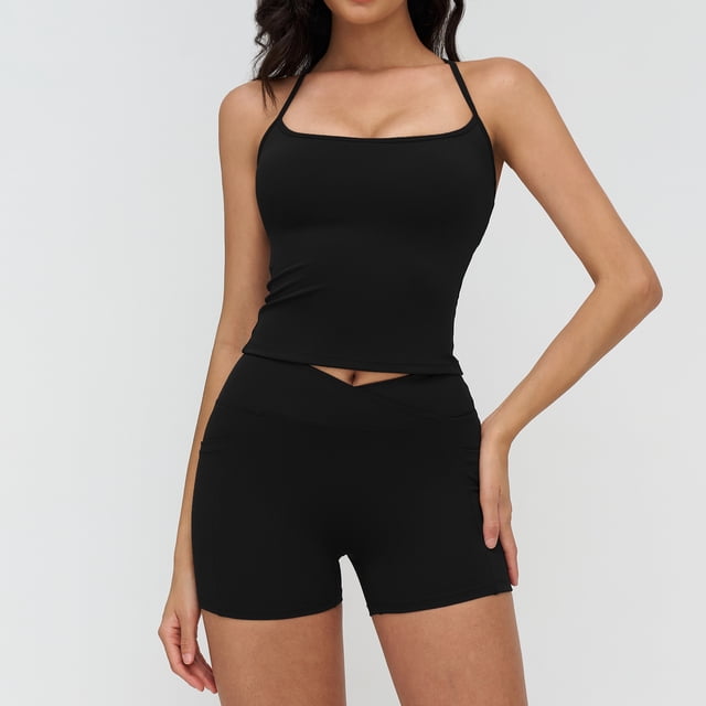 PISONIC Women 2 Piece Workout Sets Crossover High Waisted Biker Shorts with Pockets Built in Bra Racerback Tank Tops