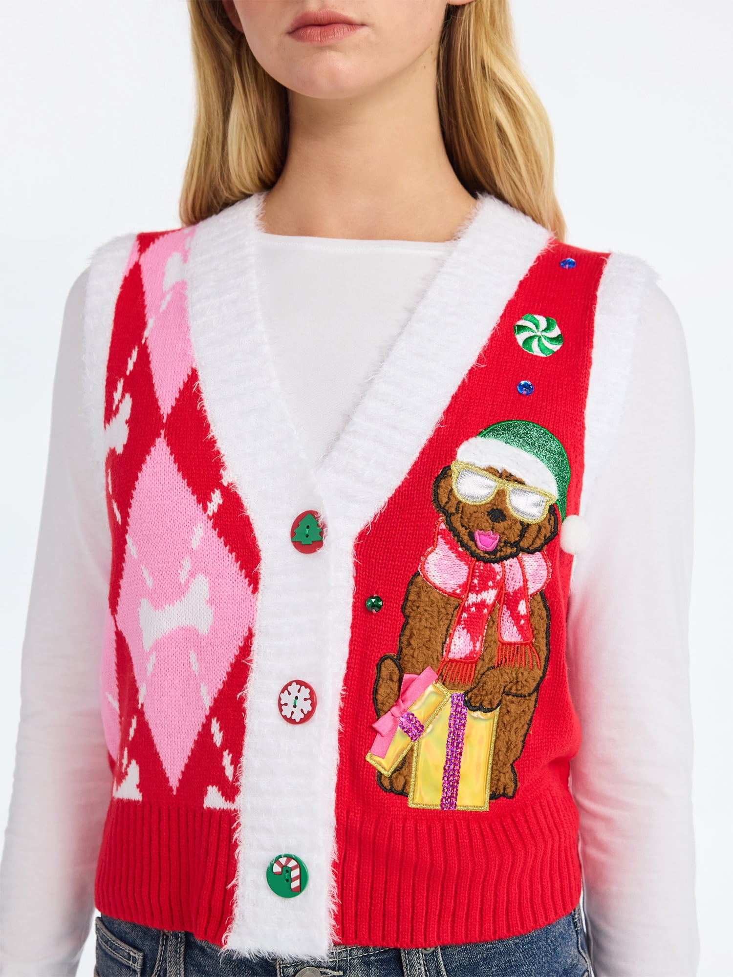 No Boundaries V-Neck Button Front Christmas Vest, Women’s
