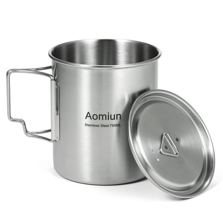

Aomiun 750ml Cup Outdoor Stainless Steel Water Cup Mug with Foldable Handles and Lid for Camping Hiking Backpacking