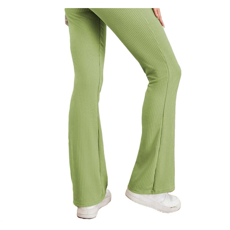 ADAGRO Womens Slacks Solid Rib Knit Flare Leg Pants (Color : Lime