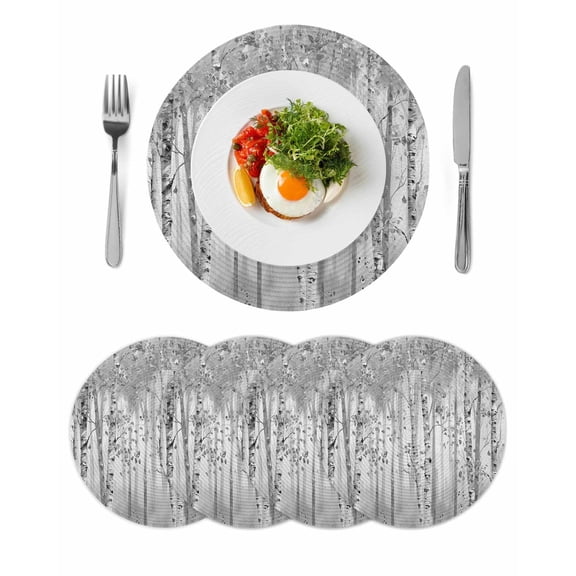 Gray Grey Forest Round 15 Inch Placemats Set of 4, Grey Modern Art Oil Painting HeatResistant Non Slip Place Mats for Dining Table, Wipeable Braided Kitchen Table Mats for Housewarming