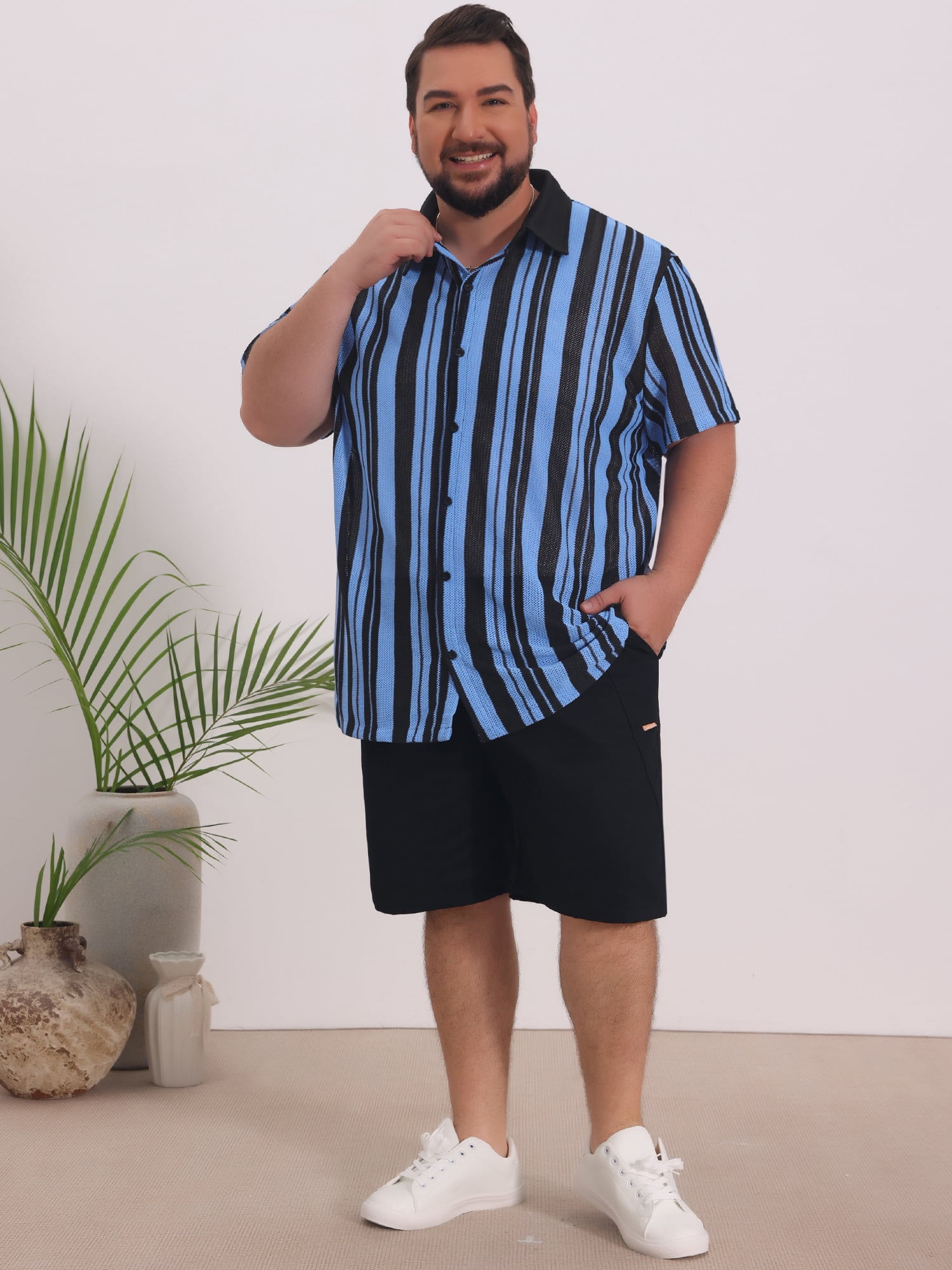 DARING DIVA Men's Big Tall Colorblock Striped Short Sleeve Button-Down Shirt 3XL Blue