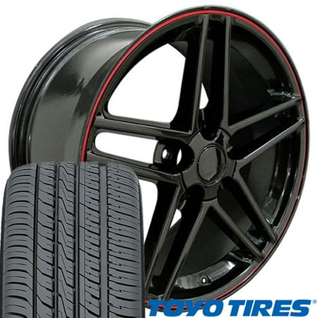 - OE Wheels 17 Inch Fit Corvette Camaro C6 Z06 Style Black Red 17x9.5 Rims and Toyo Tires SET