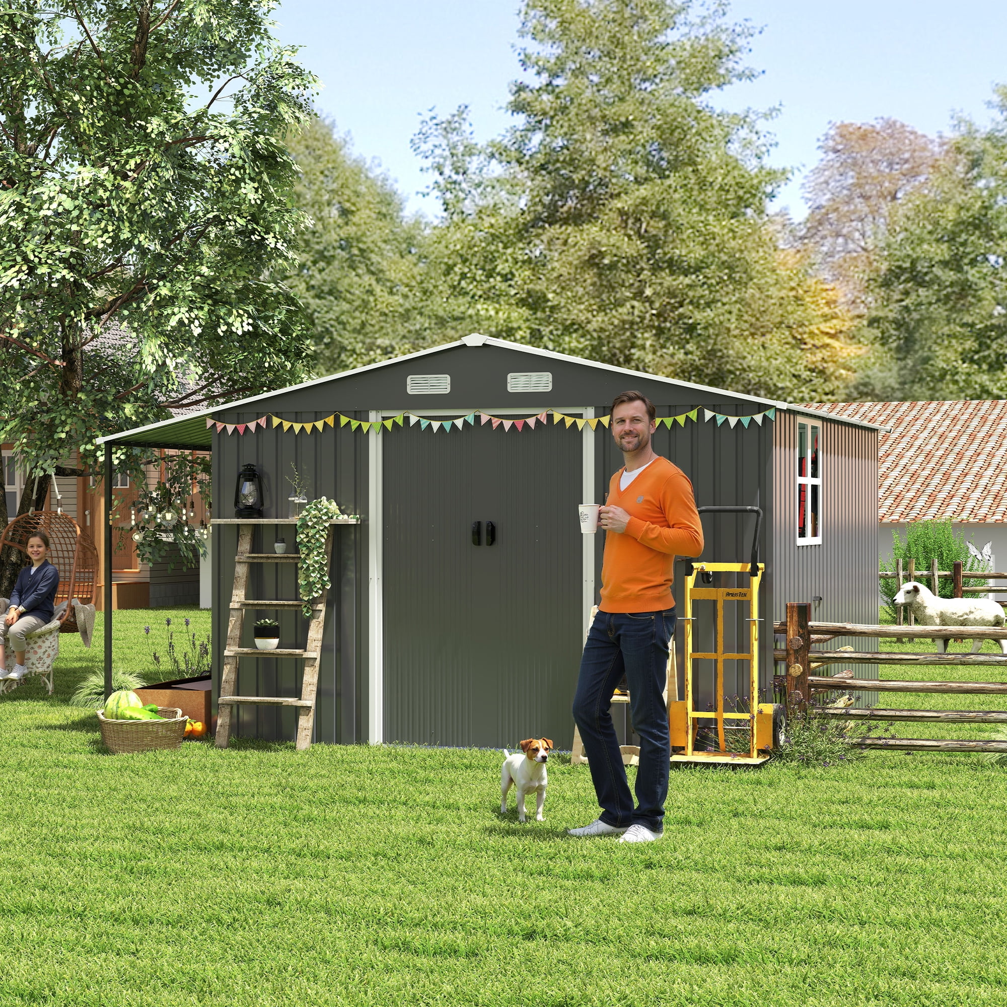 10x12 FT Outdoor Storage Shed - Extra Large Metal Shed with Dual-Zone Design, Sliding Doors & Ramp, Lockable Steel Tiny House for Garden/Backyard, Firewood Storage & Chicken Coops (Dark Gray)