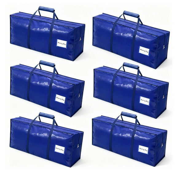 Fehomix 6-Pack Extra Heavy Duty Moving Bags with Zippers, Large Storage Bags for Clothes, College Moving Supplies, Christmas Decor - Reinforced Handles & Durable Fabric for Secure Packing, Blue