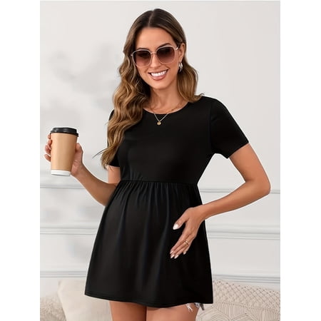 Yawrut Women's Maternity Tops Black Short Sleeve Scoop Neck Elastic Band High Waist ShirtsPregnancy Clothes