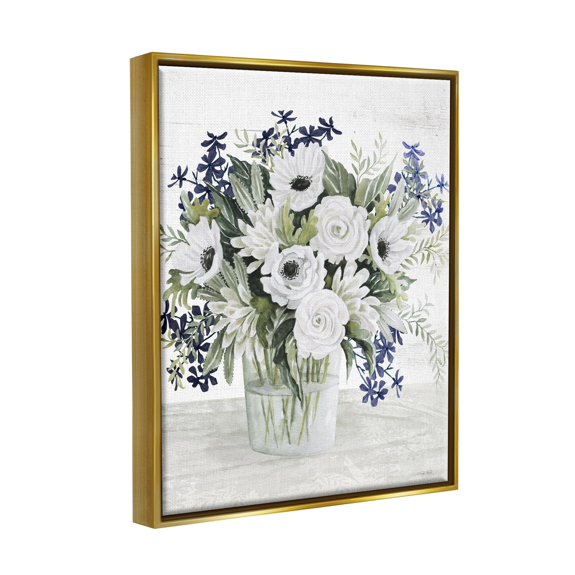Stupell Industries Mixed White Anemone Vase Botanical & Floral Painting Gold Floater Framed Art Print Wall Art, 17 x 21