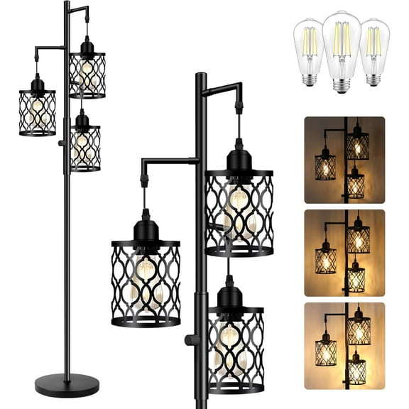 Dimmable Farmhouse Floor Lamp, Industrial Floor Lamp for Living Room with 3 X 6W LED Bulbs, 3 Light Rustic Standing Tall Lamp for Bedroom, Office, 68"