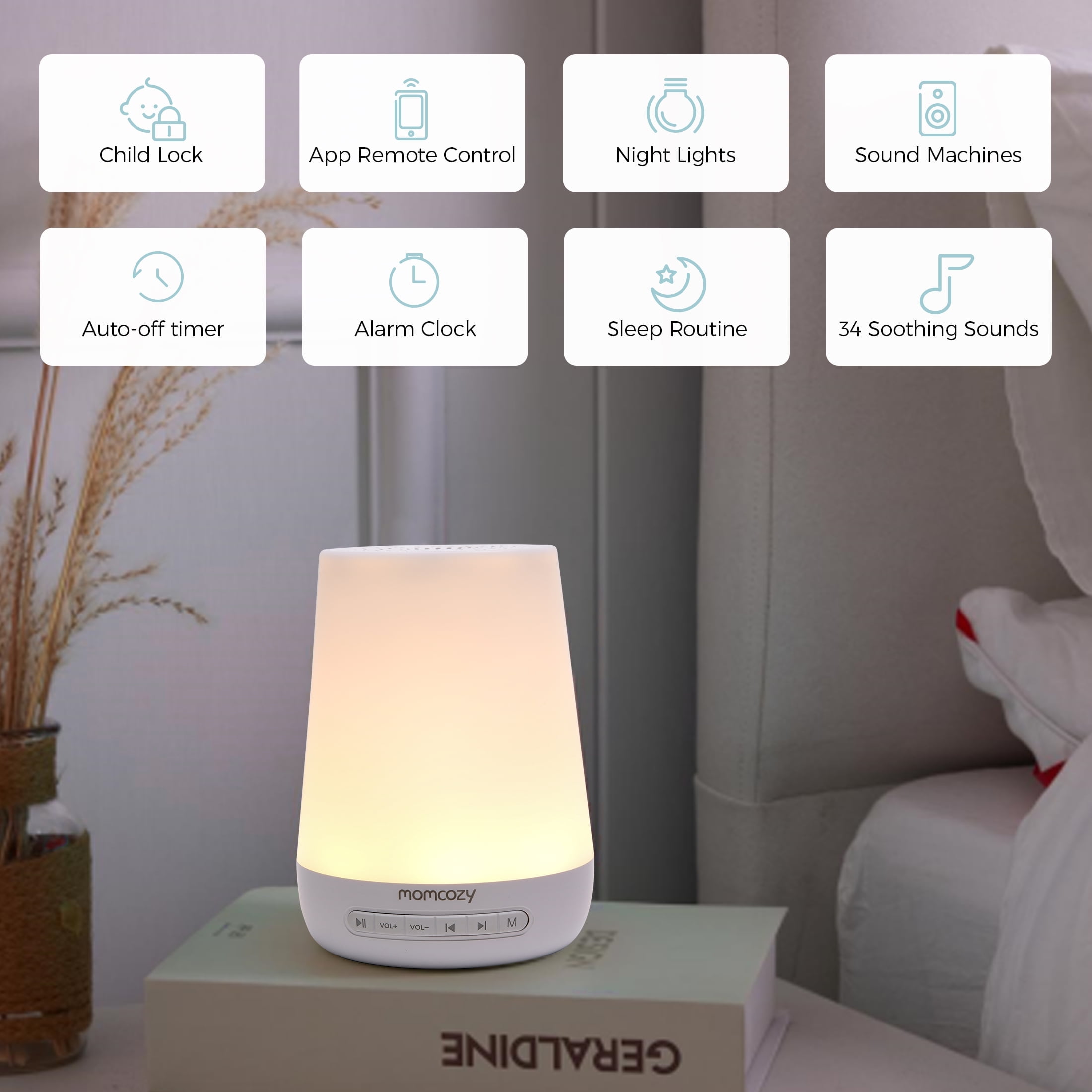 Momcozy White Noise Machine for Baby Sleeping with Night Light, Toddler Sleep Trainer with 34 Soothing Sounds, Timer, App Remote Control, Personal Sleep Routine