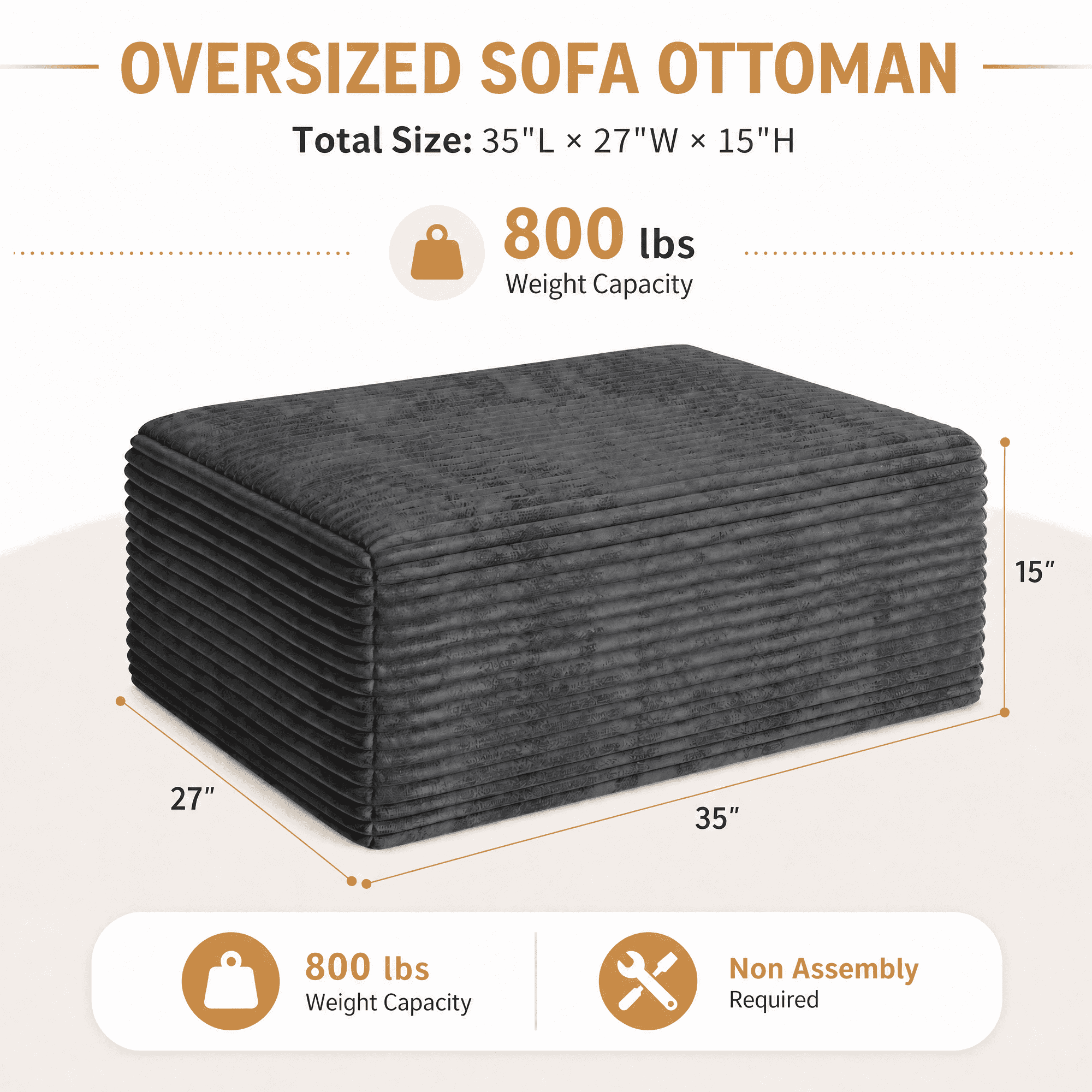 Large Oversized Corduroy Ottoman Footrest for Sofa Large Rectangle Floor Bench Extra Seating Coffee Table for Living Room, No Assembly (Gray)