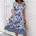 thumbnail image 2 of Summer Sun Dresses for Womens 2026 Plus Size Fashion Flower Printing V-neck Short Sleeves Close Up Waist Large Skirt Dress, 2 of 4