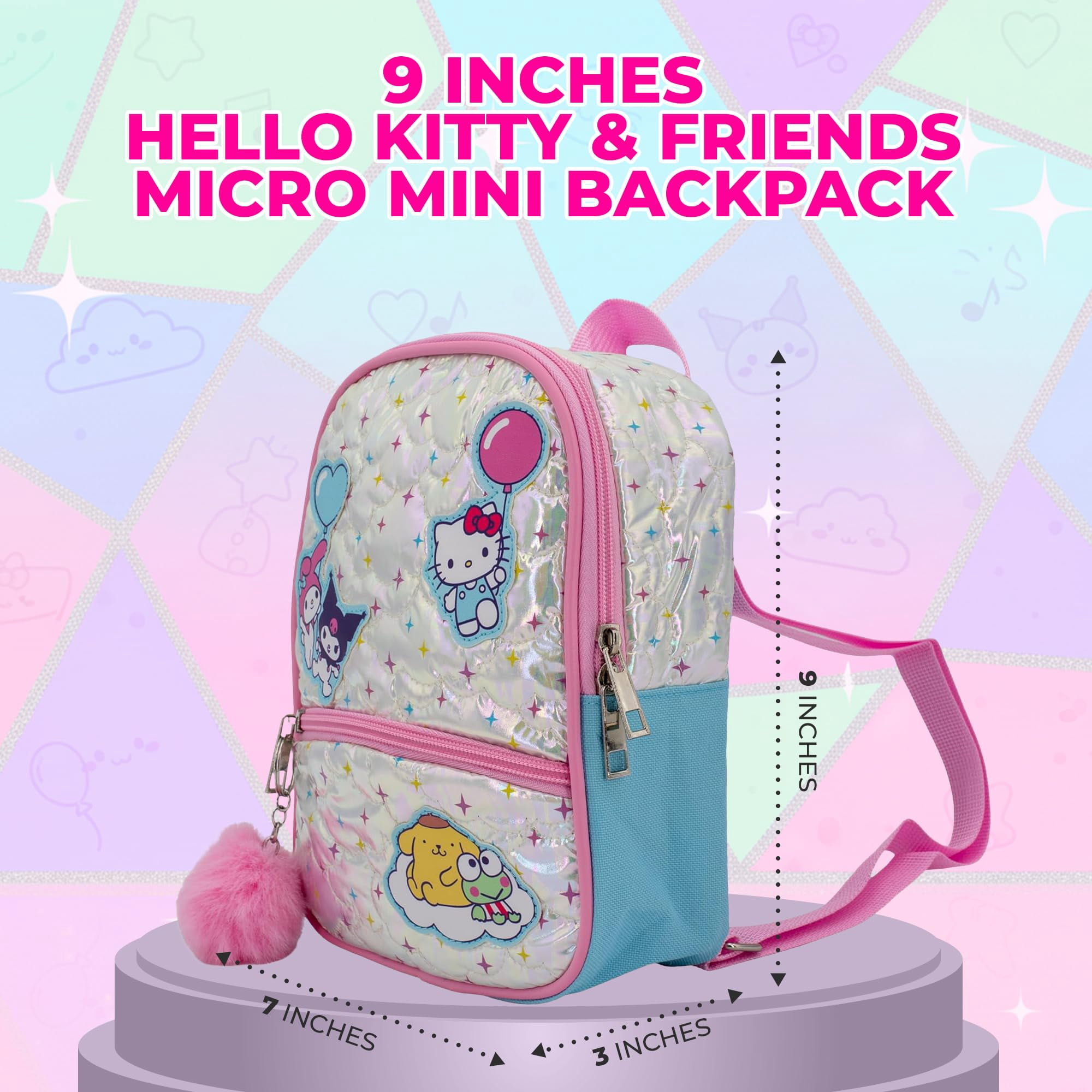 Hello Kitty & Friends 9” Micro Mini Backpack Purse Featuring Sanrio Character Patches, Quilting & Pompom Dangle, Iridescent