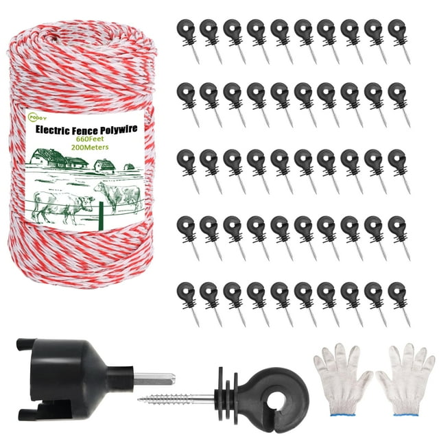 Electric Fence Polywire 660 Feet with 50 Pcs Electric Fence Insulator, High Conductivity Weatherproof 6 Steel Strands Electric Fence Wire & Insulator Socket Tool for Catt