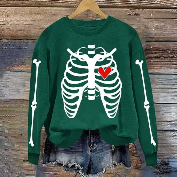 Neewe Women's Halloween Skeleton Printed Casual Crew Neck Sweatshirt Loose Soft Long Sleeve Pullover Tops