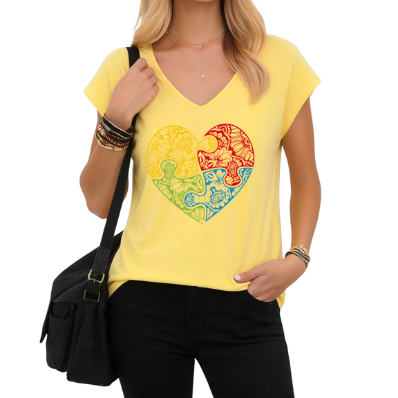 UNISHE Women's Autism Awareness Graphic V-Neck Short Sleeve T-Shirt White Accept Love Understand Top