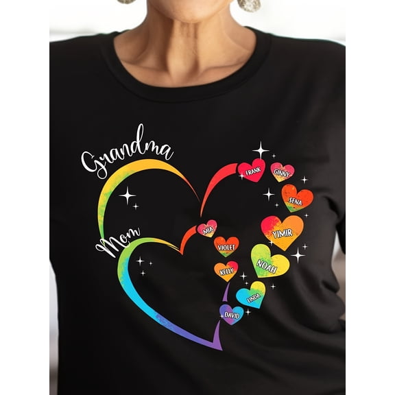 Vibrant Rainbow Heart Grandma Mom Personalized Family Names T-Shirt, Custom Mother's Day Gift, Unique Colorful Love Tee for Her