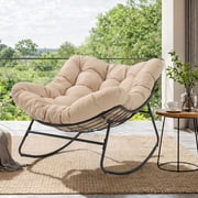 Dovov Oversized Papasan Rocking Chair, Indoor Outdoor Rocking Chair Patio Egg Chair with Cushion, Heavy Duty Steel Papasan Rocker Lounge Chair for Porch Balcony Nursery Living Room, Beige