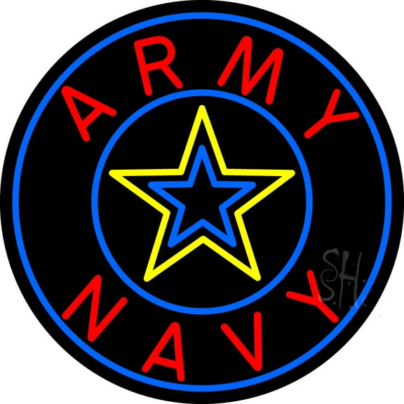 Army And Navy With Blue Round LED Neon Sign 26 x 26 - inches, Black Square Cut Acrylic Backing, with Dimmer - Bright and Premium built indoor LED Neon Sign for Defence Force.