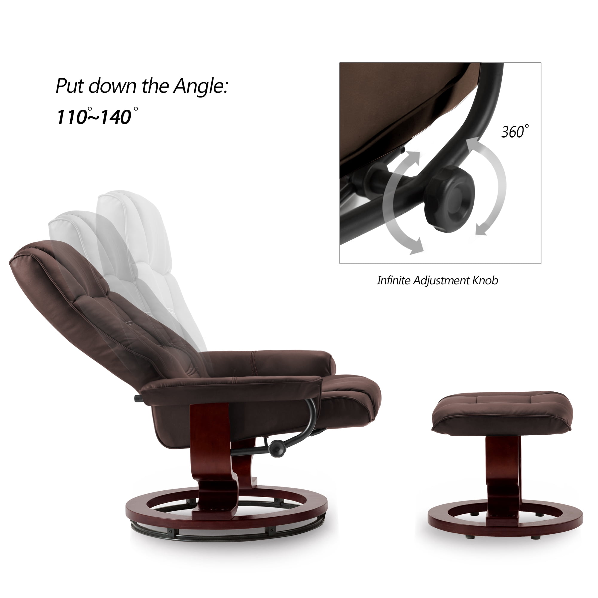 MCombo Swivel Recliner Chair with Wood Base and Ottoman, Faux Leather