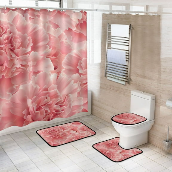 4 Pcs Carnation Flower Bathroom Shower Curtain Set with 12 Hooks Bath Mat Toilet Lid Cover